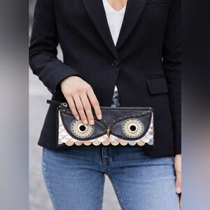Kate Spade Owl Design Clutch in Black and Silver